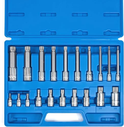 NEIKO 10057A XZN - Juego de brocas cuadradas triples, 20 piezas, enchufe estriado extra largo de 4 pulgadas, 4 mm a 18 mm, 12 puntos a prueba de manipulaciones, unidad cuadrada, acero S2 y Cr-V