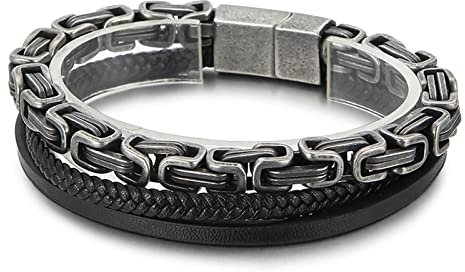 Ayoiow Männer Armband Indianer, Armreifen Edelstahl Leder Armband Männer Byzantinisches Ketten Mehrschicht Armband