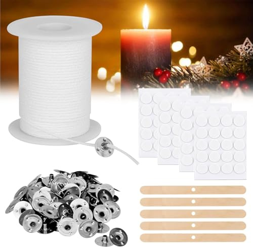 Sheryl&Rain 1 Roll Cotton Candle Wicks 6100cm with 150 Pcs Wick Holders & Wick Stickers, Braided Smokeless Soy Wax Candle Wicks for Making Candles and Oil Lamps, DIY Handmade Candle Making Supplies