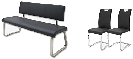 Robas Lund Esszimmersitzbank mit Rückenlehne Kunstleder, Sitzbank Belastbar bis 280 Kg, Küchensitzbank Schwarz, 155 x 86 x 59 cm & Stuhl Schwinger Schwingstuhl Köln 2er Set Schwarz 57 x 43 x 100 cm
