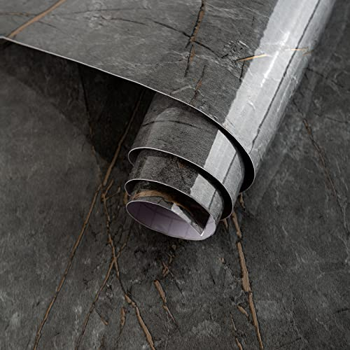 JSEVEM 40CM×9M Dunkelgraue Gold Marmor Selbstklebende Tapete Marmortapete Grau Möbel Klebefolie Steinoptik Marmoroptik Selbstklebend Glänzend Wasserfest Marmoriert Tapeten Wohnzimmer Badezimmer Wand