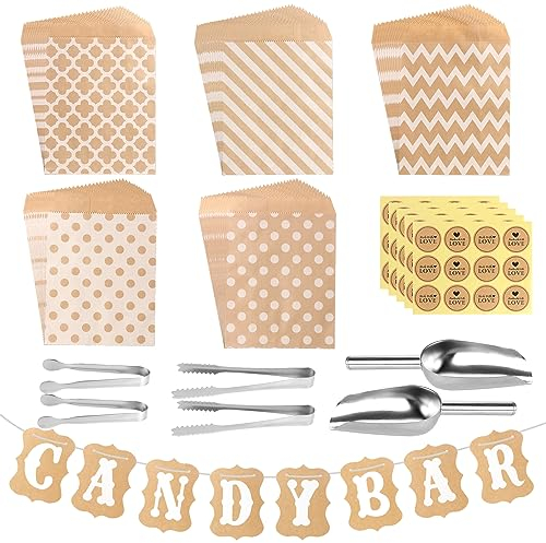 FIHODONE 72 accessori Candy Bar, contiene 60 sacchetti candybar e 4 pinze per zucchero, 2 paletta per ghiaccio e 60 adesivi e 1 ghirlanda decorativa, set di accessori per matrimoni, compleanni e feste