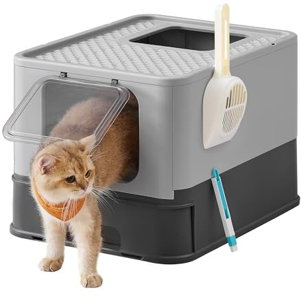 Feandrea Bac à Litière Fermé pour Chat, Maison de Toilette, Plateau Amovible, Pelle, Brosse, pour Grand Chat, Capacité 15 kg, Anti-Traces, Anti-fuites, Gris Anthracite et Gris Tourterelle PPT001B01