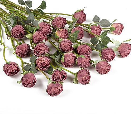 DuHouse 24pcs Artificial Flowers Silk Rose with Stem Mini Fake Rose Bouquets for Arrangement Wedding Centerpiece Party Home Decoration(Dusty Rose)
