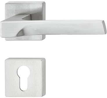 Gedotec Drückergarnitur aus Metal | 1 Stück Rosettengarnitur eckig inkl. Befestigungsmaterial | LDH 3205 | Türdrücker Chrom matt | Türbeschlag für alle Türen | Buntbart - Profilzylinder - Bad