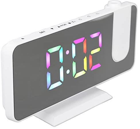 Horloge de Bureau Moderne, Charge USB 180 Degrés Rotatif Projecteur RGB Réveil Numérique Quatre Affichage Dynamique Dégradé pour Bureau (Blanc)