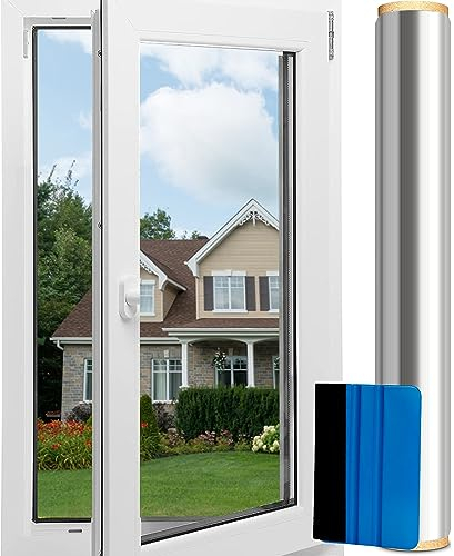 UV Schutz Sonnenschutz Folien Fenster Innen Oder Außen, 90 x 200cm Spiegelfolie Selbstklebend, Silber Reflektierende Fensterfolie, Hitzeschutzfolie Rückstandslose Sonnenschutz Folie
