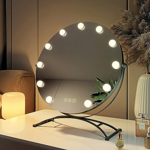 EMKE Hollywood Spiegel rund 50cm, Schwarz, 3 Lichtfarben | Schminkspiegel mit Beleuchtung, 360 Grad drehbar, 9 LED Lampen, dimmbar, Speicherfunktion, Kosmetikspiegel für Schminktisch