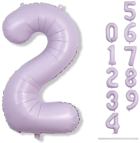 Palloncini Viola Chiaro Numero 2, Palloncini Giganti Lilla in Foglio Mylar Elio da 102 cm Numero 0-9, Palloncino Viola Polveroso Pastello 2° Compleanno per Bambine, Palloncini Morados Numero Due per