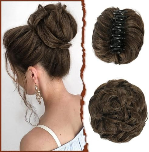 RPAEOY Haarteile Dutt mit Klammer Lockig Wellig Haargummi mit Haaren Messy Bun Klammer Synthetik Haar Scrunchies Haardutt Haarteile für Damen (Dunkelbraun)