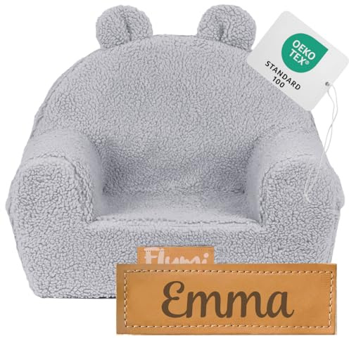 Flumi Personalisierte Kindersessel Babysessel Schaumstoff Kindersitz fur Kinderzimmer Spielzimmer – Sessel mit Gravur Kindername - Farbe: Lammfell grau