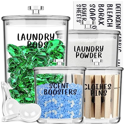 TIDIdea 4-Pack Laundry Pods Storage Container - ‎Premium Plastic Jar for Laundry Room Organisation and Bathroom Storage - Perfect for Laundry Detergent,Pods,Washing Powder,Tablets,Peg,Scent Booster