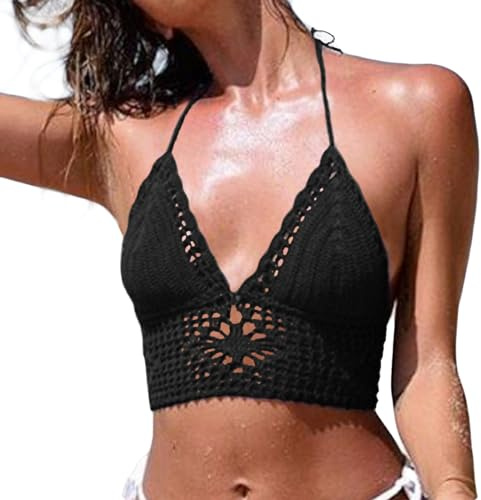 Top all'uncinetto da donna, senza schienale, reggiseno lavorato a maglia, bralette estivo, abbigliamento da spiaggia, nero, S