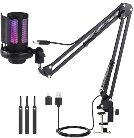 Rablue USB Gaming Microphone Kit for PC, RGB Condenser Microphone Podcast Mic with Monitoring Jack, Quick Mute, Gain Control, Recorded Arm support Twitch Mac PS4/5 (Black)