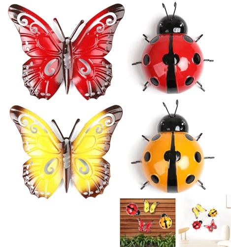 BSITSSS 2 Stücke Metall Schmetterlinge Gartendeko für Draußen, Gartendeko Wohnzimmer Gartendekoration Wanddekoration Skulptur Statuen Wanddeko Wand mit 2 Stücke Metall Marienkäfer Garten Deko