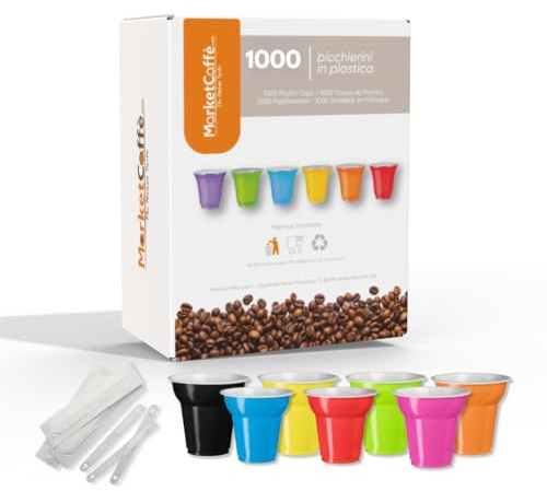 1000 Bicchierini Plastica per caffè 80cc vari colori Bar macchina caffè (1000 multicolor + Palettine)