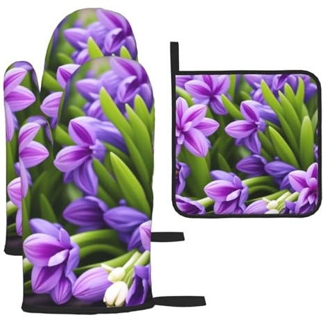 Hyacinth Purple Heat-Resistant Oven Gloves And Pot Holders.With Lanyard,Waterproof And Durable. Used In Kitchen,Barbecue And Baking.