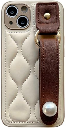 FORLUZ Fashion PU Leather Pearl Wrist Strap Stand Case For iPhone 14 13 12 11 15 Pro Max 14 Plus Water Ripple Wristband Cover,Style 01,For Iphone 14 Plus