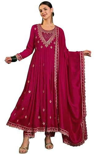 TRENDMALLS Women's Vichitra Silk Embroidery Anarkali Kurta Pant Salwar Suit Set (G264-Pink-XL)