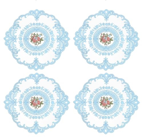 QUARKZMAN 4Pcs Tovagliette All'uncinetto Retrò, Centrini Francesi Rotondi Ricamati a Pizzo Tovaglietta Vuota per Vaso Tavola da Pranzo Cucina Feste 28x28cm, Azzurro