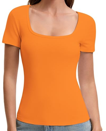 OYIGELZ Damen T-Shirt Quadratischer Ausschnitt Kurzarm Oberteil Elegant Slim Fit Basic Sommer Shirt(Orange-F1,XS)