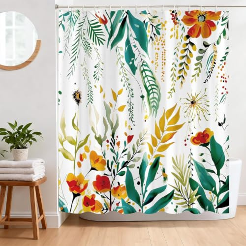 BREASOME Cortina de Ducha Floral Bohemia 180 x 180 cm Cortina Ducha Antimoho Cortina Baño de Tela de Poliéster Impermeable con 12 Ganchos | Cortinas de ducha de tela de poliéster impermeable con 12 ganchos para baño, diseño de hojas florales bohemias