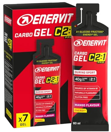 Enervit Carbo Gel C2:1PRO Mango – Energie Gel mit 40 g Kohlenhydraten pro Portion, 50 % schneller absorbierte Kohlenhydrate, Mango-Geschmack, Vegan, Glutenfrei, Leichtverdaulich, 7 Packungen à 60 ml
