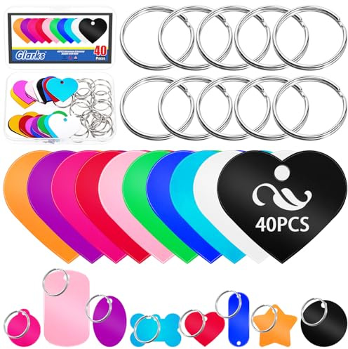 Glarks 40 targhette rotonde in alluminio, multicolore, vuote, per incisione, targhette identificative per animali domestici, dischi vuoti stampati per artigianato, decorazioni pendenti (cuore)