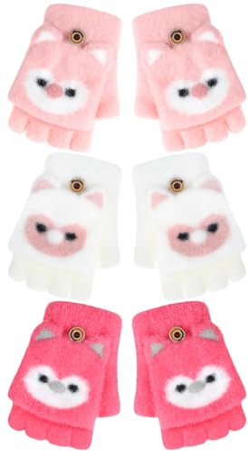 Geyoga 3 Pair Kid Fingerless Gloves Convertible Flip Top Gloves Winter Warm Half Finger Mitten for Kid Boy Girl 1-4 4-7 Year(White, Light Pink, Pink,4-7year)