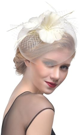 Fascinator Hüte für Damen Vintage Pillbox Hut mit Schleier Schwarzer Stirnband und Einer Gegabelten Clip Tea Party Kopfbedeckung Damenhut Elegant Hochzeit Cocktail Mesh Haarschmuck (Beige, One Size)