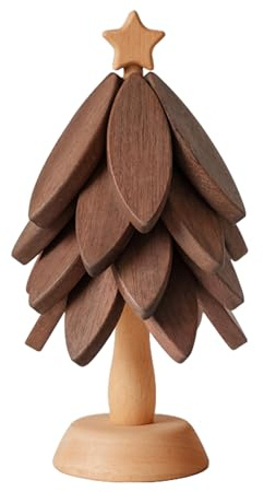 Solid Wood Trivets for Hot Dishes, Tree Shape Foldable Trivet Set with Stand, 4 Walnut Wood Trivets Stored Like a Christmas Tree, Solid Wood Heat Resistant Pot Holder for Kitchen (Walnut + Beech)