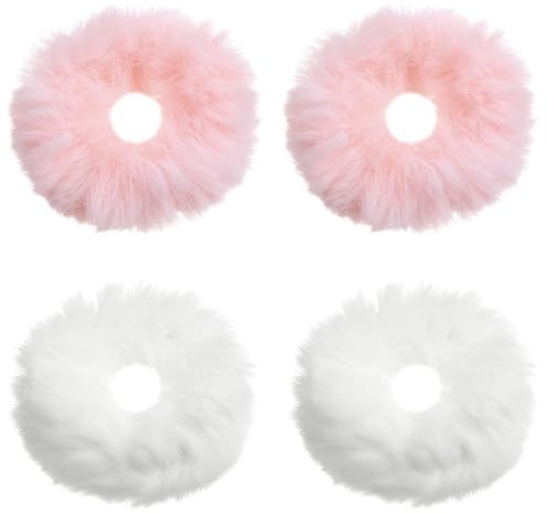 4 st lurviga scrunchies, lurviga fuskkaninpälshår scrunchies för flickor kvinnor, konstgjorda pälspullar, elastiskt band satinscrunchie, pannband för kvinnor, rosa pompoms söta hårband