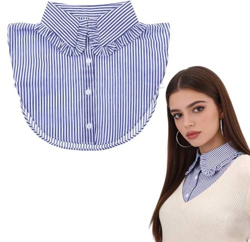 APLZGMG Striped Detachable Fake Collar, Women & Girls Ruffles Detachable Dickey Half Blouse Shirts, Women Shirt Faux Dickey False Collars for Office Party Formal Occasions (Blue and White Striped)