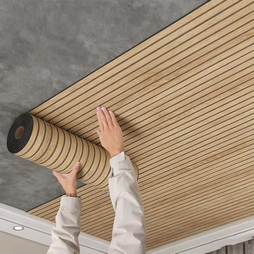 Minglez Dalle de Plafond Panneaux Muraux Décoratifs Imitation Bois 3D, Papier Peint Adhésif en Mousse Épaisse pour Cuisine/Salon, Dalles de Plafond en Rouleau pour Faux Plafond(0.6x9.0m/2x30ft)