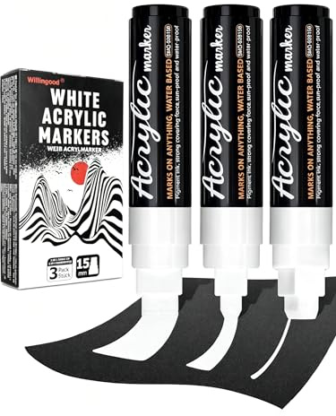 Willingood 3x Weiß Acrylstifte, Jumbo Marker Set, 15mm Filzspitze (3-in-1) | Schnelltrocknend, Zeichenset, Permanentmarker für Steine, Keramik, Glas, Holz, Reifen, Stoff, Metall, Leinwand, DIY