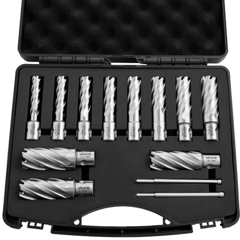 VEVOR Juego de Cortadores Anulares 13 Piezas, Juego de Brocas M2AL HSS de Vástago Weldon, Profundidad de Corte 50,8mm, Diámetro 11,11-26,98mm con 2 Pasadores Guía, 11 Cortadores para Taladro Magnético