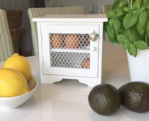 GreyZouq Wooden Country Kitchen Egg Cabinet. Egg Rack with Capacity to hold 12 Eggs. Ideal storage rack with farmhouse rustic effect. Worktop organizer. (White with Silver Heart)