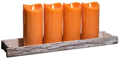 Tronje Dekoschale Holz Tablett 59x14cm inkl. 4 LED Kerzen 23cm Orange bewegte Flamme Timer Kerzentablett Shabby Chic Landhaus