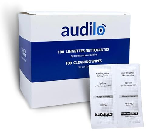 Audilo - Hörgeräte-Reinigungstücher | Enthält 100 einzeln verpackte desinfizierende und antibakterielle Tücher | Geeignet für Ohrstöpsel und Ersatz-Otoplastiken