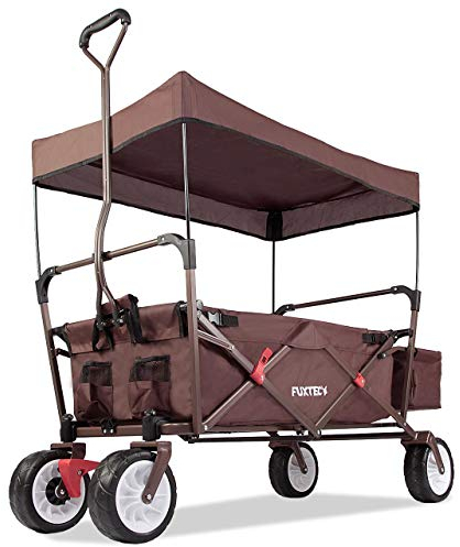 FUXTEC Bollerwagen faltbar FX-CT350 Braun mit Dach – Transportwagen klappbar | inkl. Hecktasche & Transporthülle| Feststellbremse | Vollprofilreifen | Handwagen/Leiterwagen – Das Original