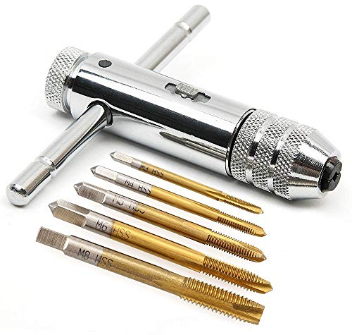 Deolven Gewindebohrer Set,Einstellbar HSS T-Form/T-Typ Hand Gewindeschneider und Schneideisen Gewindebohrer mit 5 Teilig Handgewindebohrer Maschinenspirale M3-M8 3mm-8mm