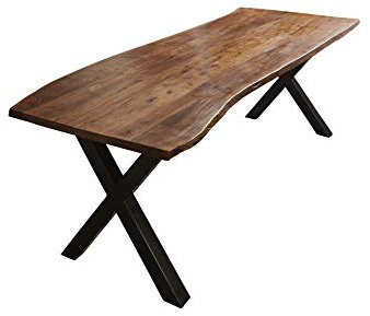 SAM Esstisch Xanten 200x100 cm Akazie nussbaum Baumkante X-Gestell schwarz | Baumkantentisch massiv, Akazienholz nussbaumfarben, Metallgestell, Esszimmertisch