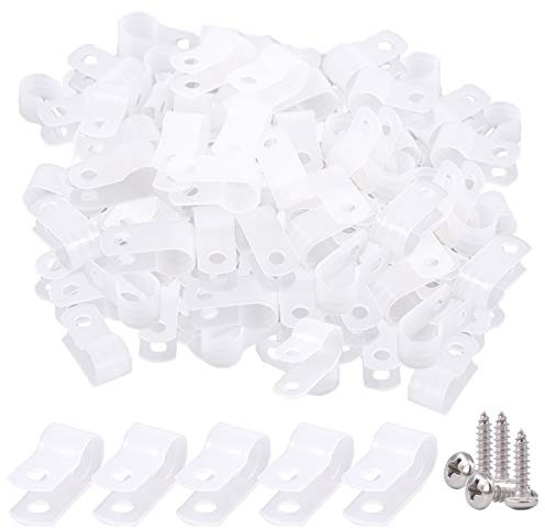 Glarks 120 piezas de 5/16 pulgadas de nylon blanco de montaje de tornillo tipo R abrazadera de alambre con 120 tornillos para cable, conducto y kit de conducto de cable (blanco)
