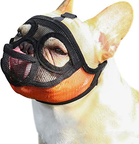 Maulkorb für Hunde mit kurzer Schnauze, verstellbar, atmungsaktiv, Netzgewebe, Bulldogge, Hundemaske für Bellen, Beißen, Kautraining (Größe L)