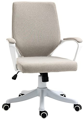 Vinsetto Bürostuhl Höhenverstellbarer Drehstuhl mit Armlehne Beige+Weiß | Ergonomischer Schreibtischstuhl, Wippfunktion, Leinenoptik, Gepolstert, Computerstuhl