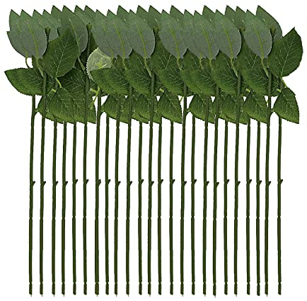 NEUSID Artificial Rose Stem Leaves, Wire Faux Rose Stems Artificial Plastic Rose Flower Stems Fake Greenish Flower Branch for DIY Bouquets Wedding Party Décor, 24PCS