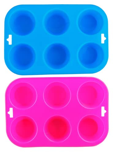 Selecto Bake 6 Cup Silicone Bun & Muffin Moulds – Non-Stick Cupcake & Yorkshire Pudding Tray – Pack of 2 (Blue, Pink)