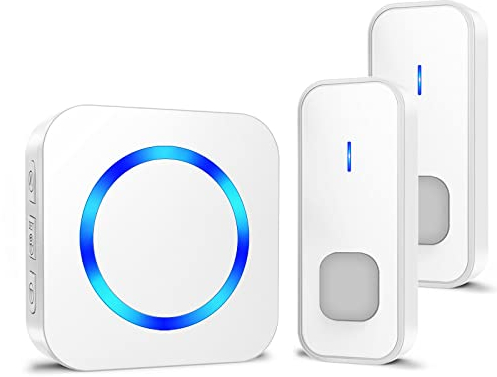 SURFOU Campanello Senza Fili da Esterno Impermeabile, Portata 400M, Wireless Doorbell Plug-in, con 2 Pulsanti Remoti, 55 Suonerie, 5 Volume Regolabile, Indicatore LED Lampeggiante, Bianco