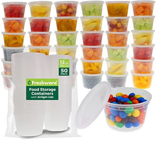 Freshware Food Storage Containers [50 Set] 12 oz Plastic Deli Containers with Lids, Slime, Soup, Meal Prep Containers | BPA Free | Stackable | Leakproof | Microwave/Dishwasher/Freezer Safe
