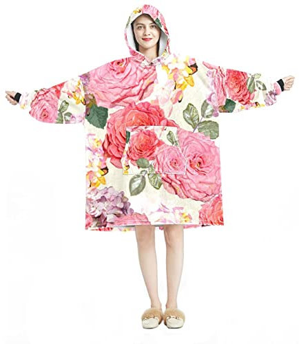 Rosa Aquarell Hortensien Rose Blume Tragbare Decke Hoodie,Übergroße Kapuzendecke Sweatshirt, Mehrfarbig, Einheitsgröße